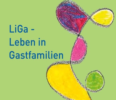 Gemalte Zeichnung, schlengelnde sich kreuzende Linien mit ausgemalten Flächen auf grünen Hintergrund.